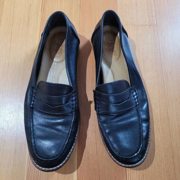 Sperry topsider black leather loafers size womens 8 classic academia preppy offi - Picture 1 of 13